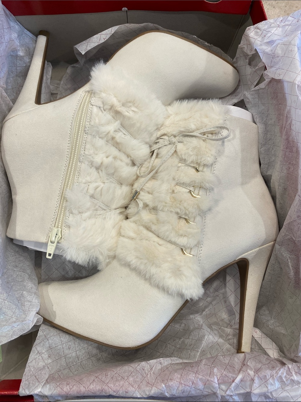 Jennifer Lopez Women's Cream Faux-Fur Lace-Up Ankle Boots